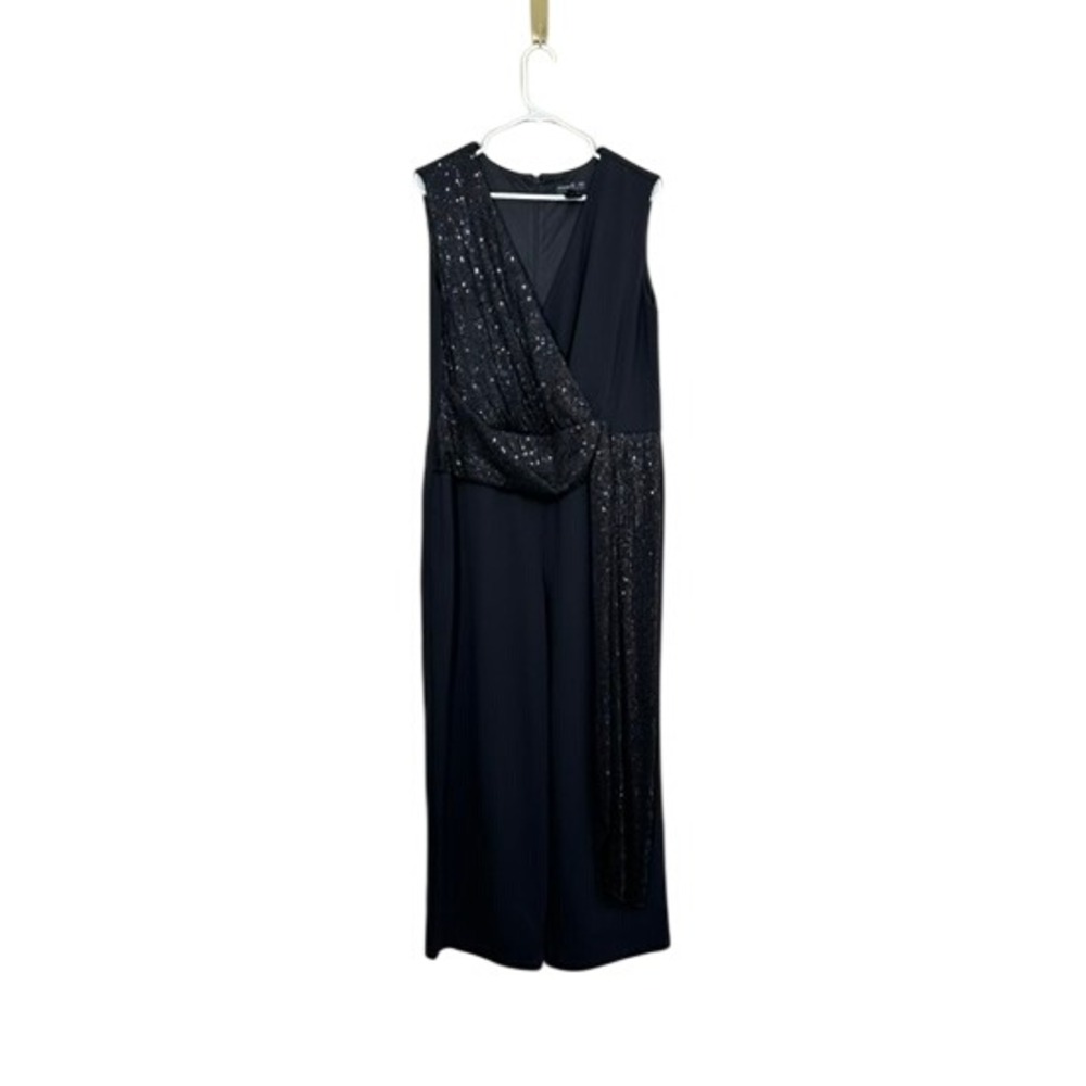 Alexa B Nites Womens Size 16W Formal Evening Black Sequin Wrap Wide Leg Jumpsuit